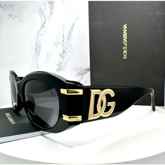 New Dolce & Gabbana Sunglasses Black Oval Acetate Gold Metal DG Gray Lens - Picture 14 of 16